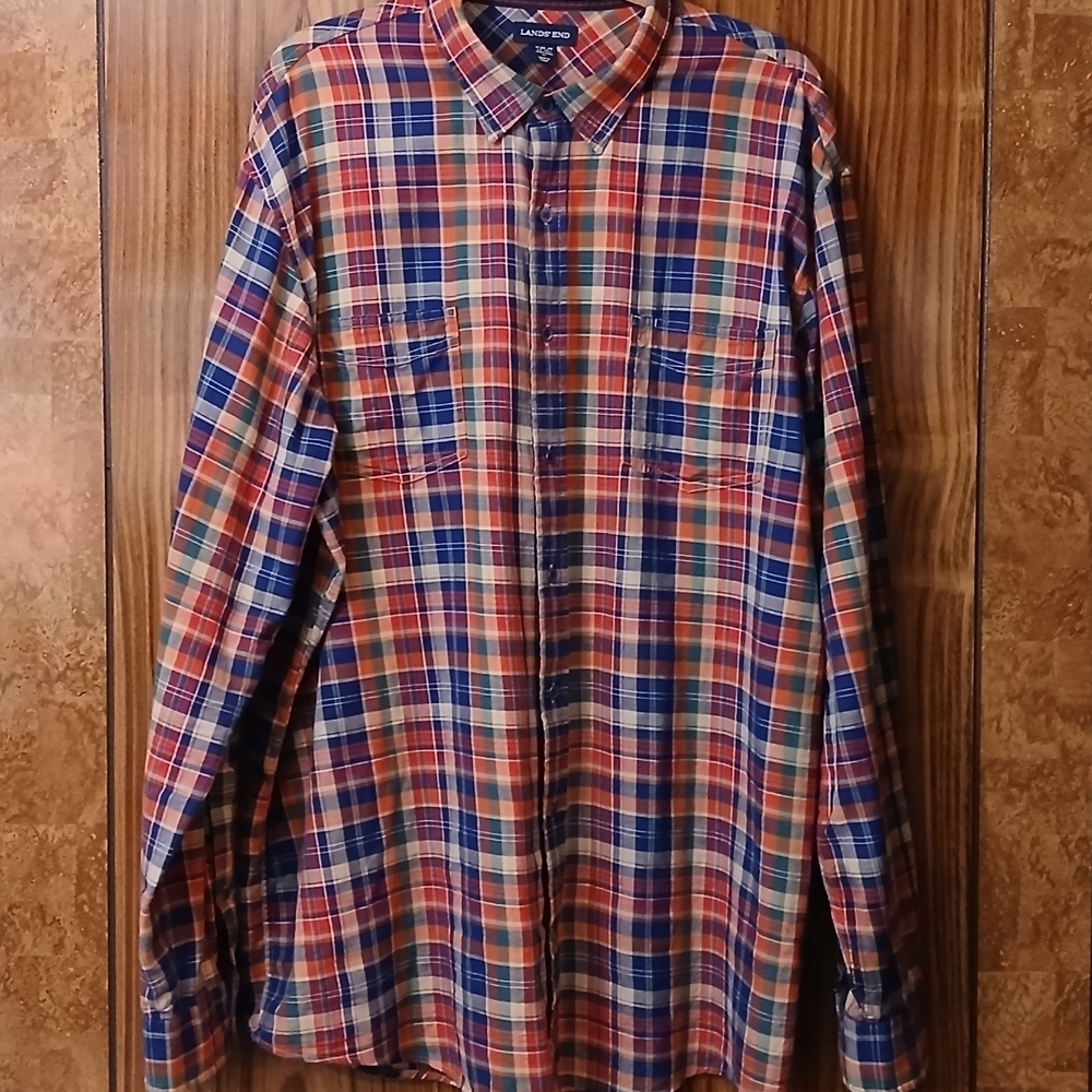 Lands' End Plaid Button Down Shirt Red Blue Orange Long Sleeve Casual Mens 2XLT